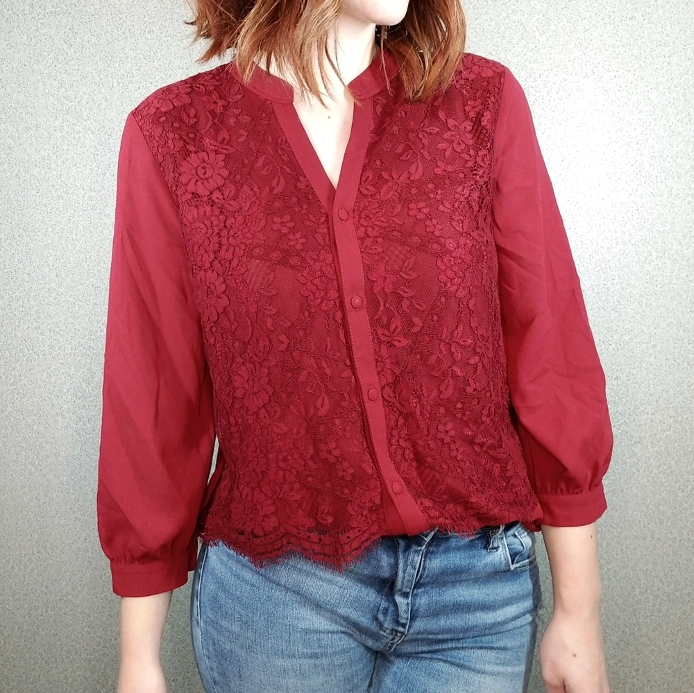 Karl Lagerfeld Burgundy Lace Button-Front Blouse